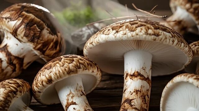 A visually captivating close-up of several freshly harvested wild mushrooms arranged artfully on a rustic wooden surface. The fungi display distinct brown, patterned caps and thick white stems, some s