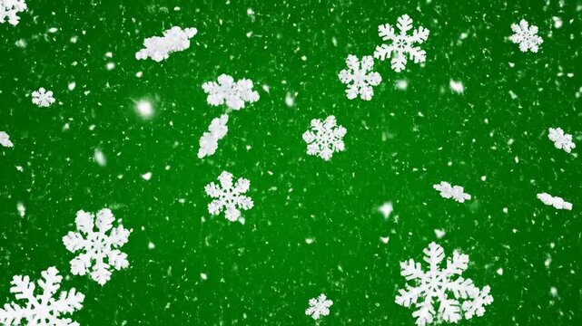 Dynamic Snowfall Animation with Bright White Snowflakes Falling Over a Vibrant Green Background Effect
