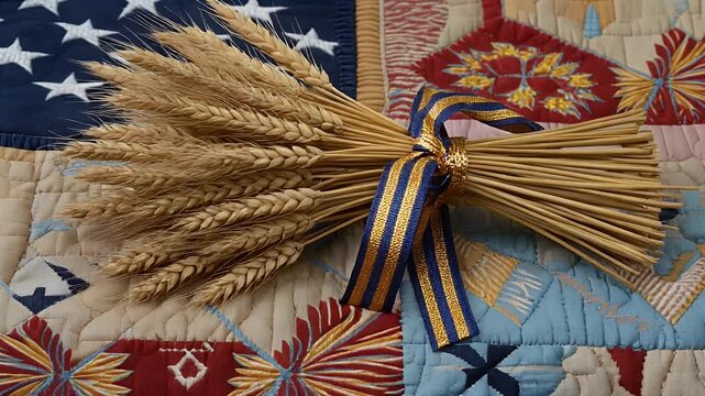 Golden Wheat Sheaf Tied with Ribbon on Patchwork Quilt | Agriculture and Craft