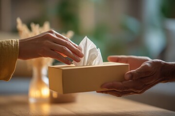 Close up of hands offering tissue box to someone crying showing gentle gesture of care with comfort items on coffee table in warm home environment for non verbal support and compassionate care concept
