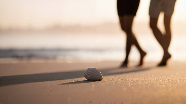 Couple walking barefoot on sandy beach with seashell at sunset - Powered by Adobe