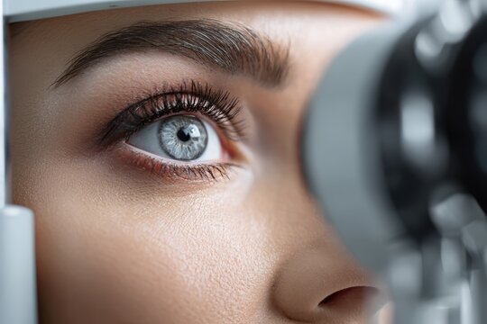 Close up of female patient undergoing tonometry test with non contact air puff device for glaucoma screening demonstrating early detection and eye health concept for hospital health promotion visuals.