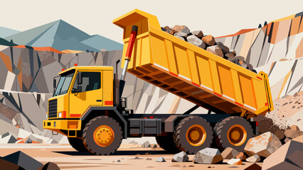 Yellow dump truck unloading rocks in a mining quarry environment - Concept of road, freight transport, special vehicles  