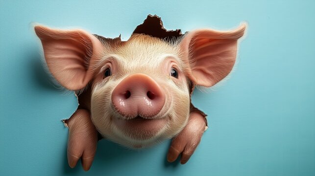 A cheerful pig peeks through a torn blue wall, ears perked and snout smiling playful, cute, and bursting with charm. Pure joy in porcine form.