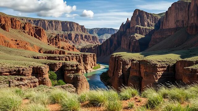 An expansive panoramic view captures the breathtaking scale of a majestic natural canyon. Towering rock formations, sculpted by eons of erosion, display rich earthy tones of red and orange under a bri