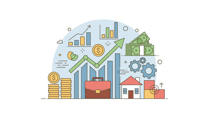 Fototapeta premium Illustration of Business Growth with Rising Charts, Money, and Investment Icons
