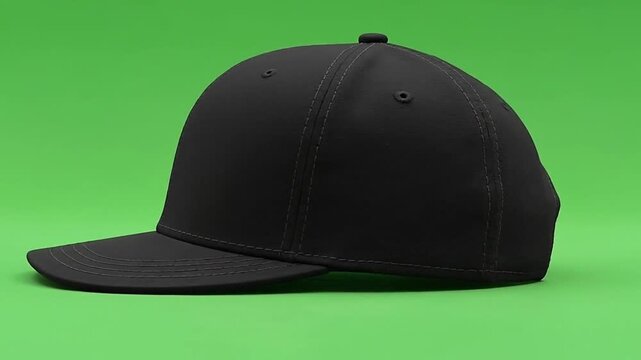 Plain Black Baseball Cap on a Green Background.