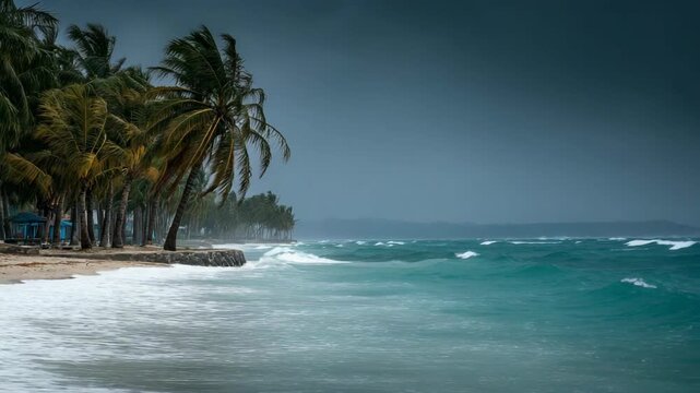 A dramatic coastal village scene during a powerful storm, with strong winds bending tall palm trees and rough weather sweeping through the shoreline community, capturing the intensity of nature and ex
