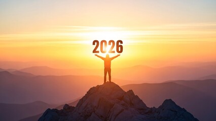 Achieving 2026 new year challenge concept success silhouette man standing top mountain raises arms celebrates victory with sunset and future goals