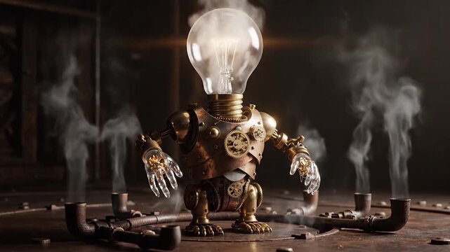 Steampunk Robot with Lightbulb Head Emitting Smoke in a Dark Workshop.