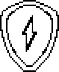Obraz premium Pixel shield icon with lightning bolt symbol retro 8 bit electric power emblem, simple black outline on transparent background
