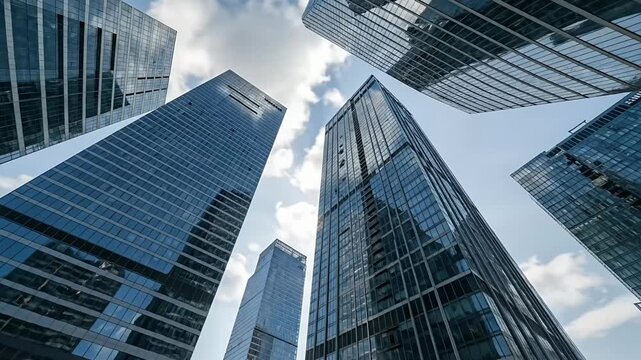 Dynamic low-angle perspective of towering modern skyscrapers with sleek glass and steel facades, reflecting the brilliant blue sky and scattered white clouds. The impressive architectural design empha