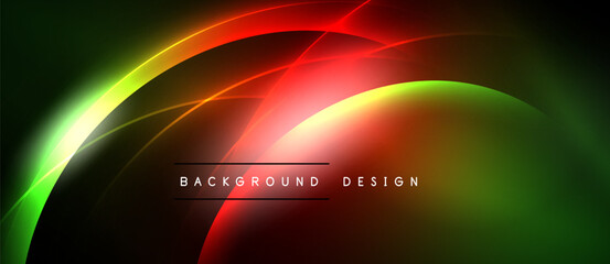 Abstract neon curves blend vibrant green, red hues. Dark background emphasizes glowing lines, creating dynamic visual effect. Modern design element.