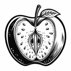 Detailed black and white illustration of a sliced apple