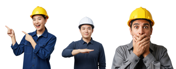 Three diverse young construction workers and engineers, including an Asian woman pointing, an Asian man gesturing, and a Middle Eastern man looking shocked, wearing hard hats on black.