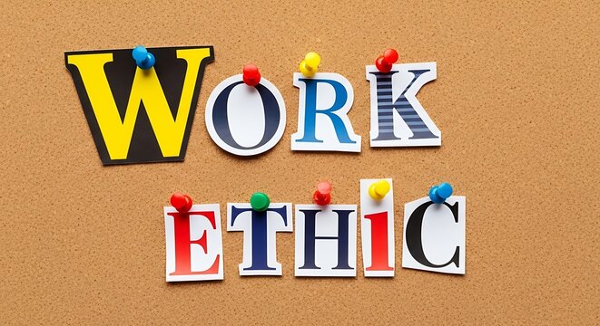 The words work ethic spelled out using colorful cutout letters pinned to a brown cork board with various colored pushpins
