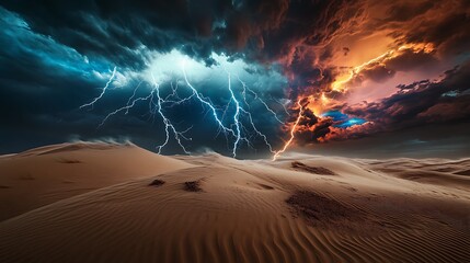 Lightning storm over desert dunes nature photography dramatic sky landscape aerial view climate impact