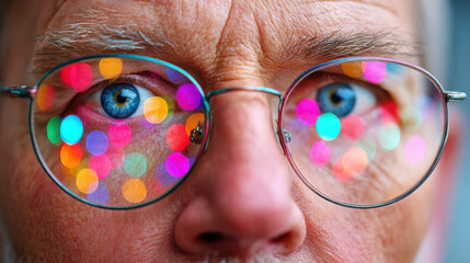 Close up portrait of elderly person wearing glasses with virtual christmas light bokeh reflecting blue eyes creating joyful