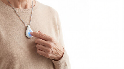  Senior hand touching smart white ceramic safety SOS pendant.