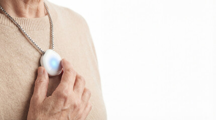  Senior hand touching smart white ceramic safety SOS pendant.