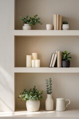 Floating wooden shelves decorating home interior with plants and candles