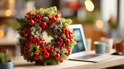 Virtual christmas wreath with frosted pine cones red berries and ornaments on desk near laptop cozy scene