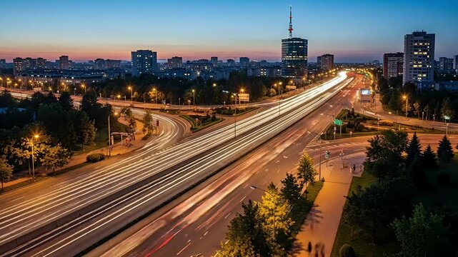 This captivating high-angle long exposure shot showcases the dynamic energy of a bustling modern city at dusk. Vibrant streams of light, created by the motion blur of vehicle headlights and taillights