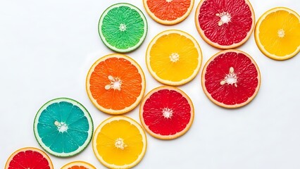 Vibrant arrangement of colorful citrus fruit slices, showcasing a spectrum of hues on a clean white background, symbolizing freshness and healthy eating