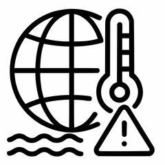 Line icon of a globe with thermometer and warning icon, black on white, square minimalist style
