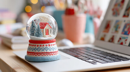 Virtual christmas snow globe on laptop keyboard with miniature house tree inside festive cozy scene