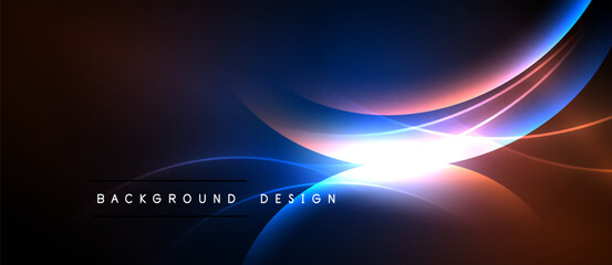 Abstract design features vibrant curves, glowing light. Dark background creates dramatic visual effect. Modern, dynamic composition.