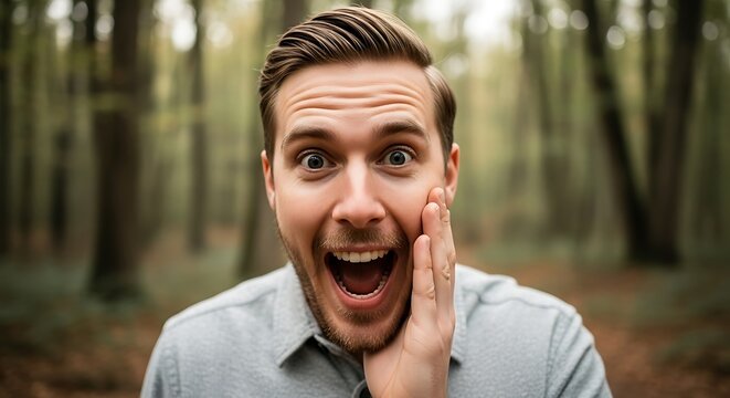 Excited young man with a surprised expression holding his hand to his cheek while standing in a blurred forest background