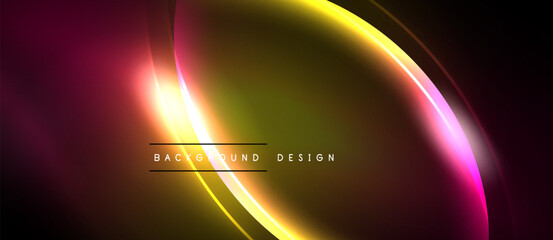 Abstract design features vibrant curves, gradients. Yellow, pink, gold hues dominate dark background. Modern aesthetic.