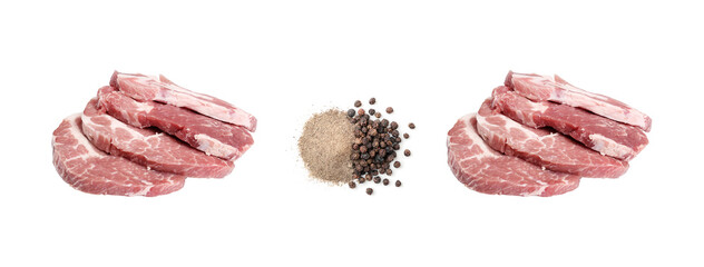 Raw Pork Steak Set – Fresh Meat Cuts with Pepper – on Transparent Background. High-quality raw...