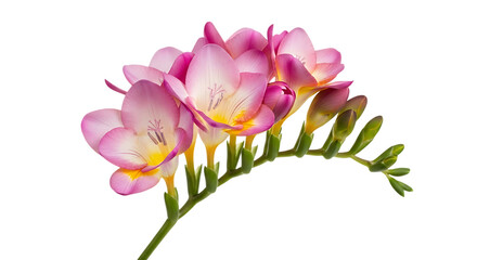 Obraz premium Delicate pink and yellow freesia flowers with green stems and buds isolated on a transparent background