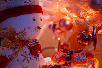 Warm Christmas gifts and snowman decorations
