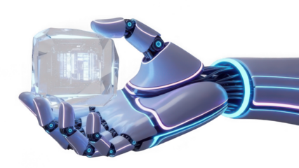 Robotic hand holding transparent data crystal, future ai technology