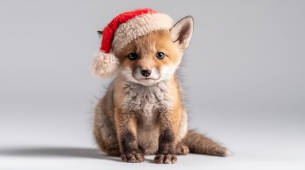 Obraz premium Adorable Young Fox Wearing Christmas Hat Sitting Against Simple Background, Celebrating Holiday Spirit with Cute Expression and Playful Charm in a Studio Setting