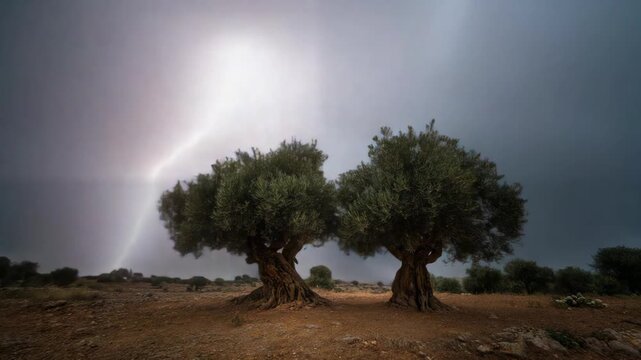 A symbolic and dramatic scene showing two olive trees standing side by side beneath a powerful lightning-filled sky. The image conveys spiritual meaning, strength, and prophecy