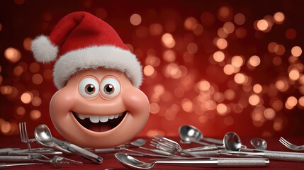 Cheerful Christmas Character with Santa Hat Surrounded by Shiny Cutlery on a Festive Background of Blurred Red and Warm Bokeh Lights for Holiday Celebrations
