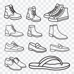 Monochrome Line Art Shoe Collection and Minimalist Footwear Illustration Set, Black and White Shoe Outline Vector – Fashion Footwear Line Art, Sneaker and Shoe Outline Set – Stylish Line Art Designs
