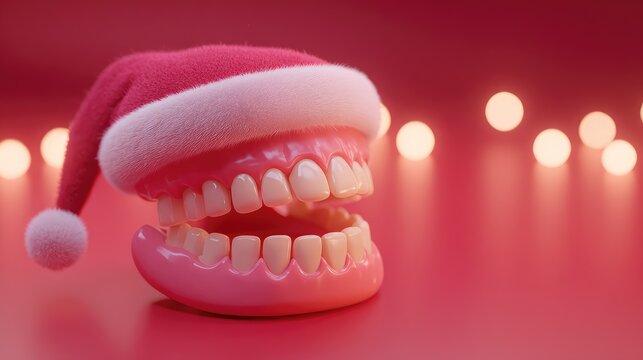 Fun and Whimsical Image of a Plastic Halloween Chattering Teeth Toy Dressed in a Santa Hat Against a Soft Pink Background with Blurry Festive Lights
