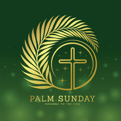 Palm sunday - Gold palm leaves circle curve with cross on green light background vector design