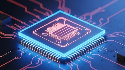 Closeup of a computer motherboard with an electronic processor chip and microchip components for digital data and technology
