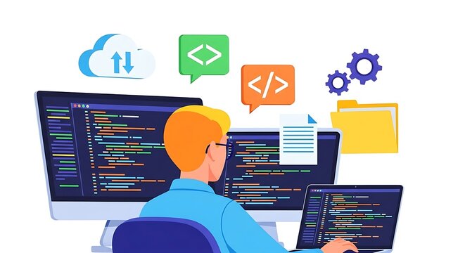 Programmer working on multiple computer screens with code and development icons, isolated on white background