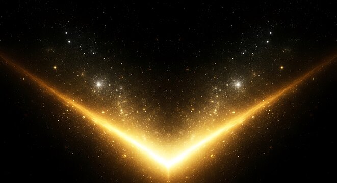 Abstract golden light streaks and sparkles forming a v shape against a dark, starry background