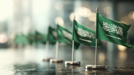 Small Saudi flags on display in a modern setting during a public event in a busy urban area