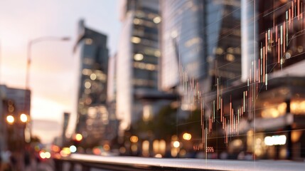 Stock market data overlaid on city skyline during sunset