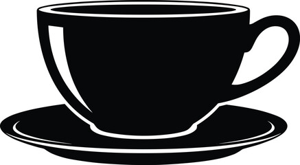 Black and white silhouette vector illustration of teacup on saucer for kitchenware, beverage, cafe, minimal design, and decor themes.