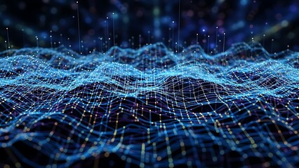 A bright glowing 3d illustration of the diversity and energy of fractal realms as a blue futuristic wave motion design pattern against a black backdrop